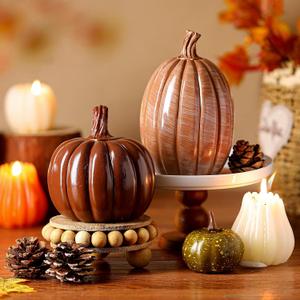 Vicenpal 2Pcs Fall Pumpkin Decor Set Artificial Resin Pumpkin Fall Artificial Fake Pumpkins Decor for Autumn Halloween Thanksgiving Tabletop Farmhouse Mantel Decoration (Shiny Brown, Fashionable Style)