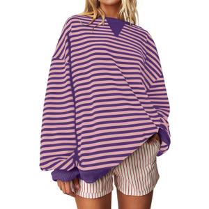 Darong Women Oversized Striped Color Block Long Sleeve Crew Neck Sweatshirt Casual Cotton Pullover Sweatshirts Fall Cloth (Small, Deep Purple/Pink), M