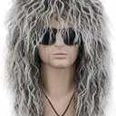 VGbeaty Adult Men Women Long Curly Gray Gradient White Wig 70s 80s Rocker Mullet Halloween Costume Cosplay Wig