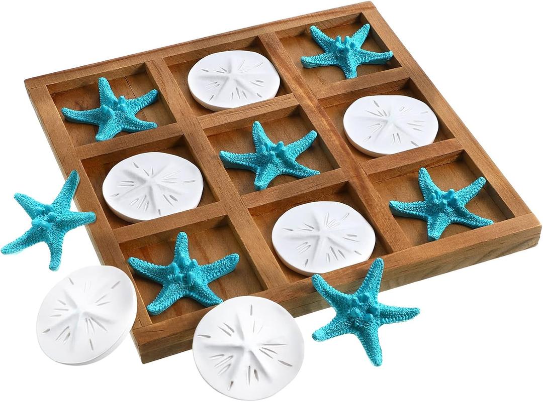 Chunful Beach House Decor Wooden Tic Tac Toe Game with Resin Seashell and Starfish Multilayer Tic Tac Toe Board Fun for Family Travel Beach Game 7.87 x 7.87 x 0.47 Inch (Wood Color)