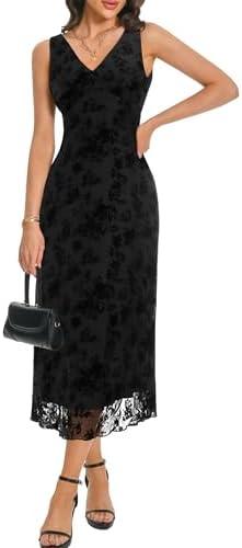 Nitzana Women's Sexy V Neck Sleeveless Mesh Maxi Dresses Summer Casual Elegant Long Floral Dress Wedding Guest Cocktail Party Size S