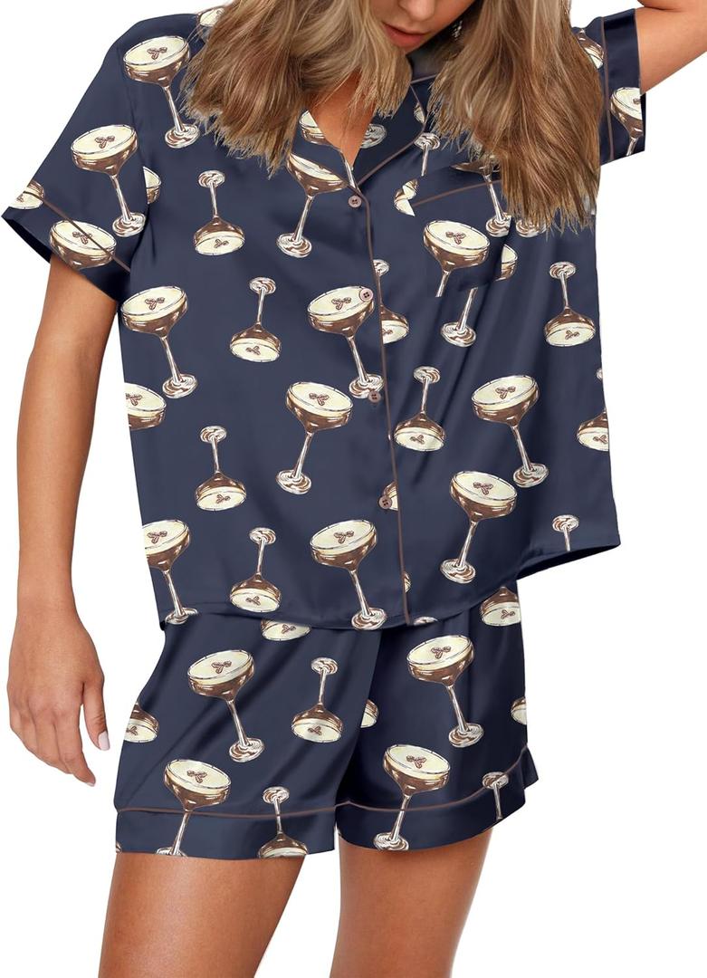 SHESHOW Funny Graphic Pajamas for Women Set Button Down Short Sleeve Top and Shorts Pjs Sets Sleepwear XS-XXL (Large, Martini Blue)