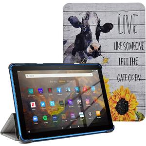 Case for Amazon Kindle Fire HD 8 Tablet 8"(12th/10th Generation, 2024/2022/2020 Release) & HD 8 Plus, PU Leather Multi-Angle Stand Cover Auto Wake/Sleep, Cow with Sunflower