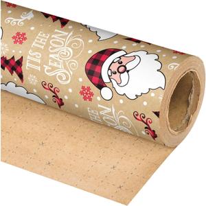 Dlyrroba Kraft Christmas Wrapping Paper Jumbo Roll - Red Black Buffalo Plaid Santa Claus, Trees Design for Holiday Winter - 17in x 100ft