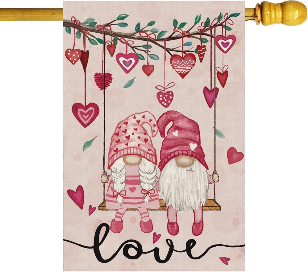 Valentines Day Romantic Swing Gnome Love Hearts House Flag Big Large Burlap 28X40 Inch Vertical Double Sided Outside Yard Holiday Outdoor Farmhouse Decoration