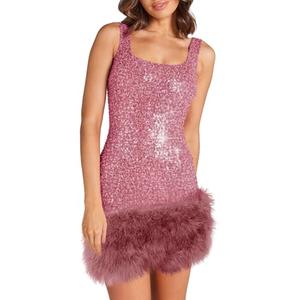 Wenrine Womens Sparkly Sequin Dress Bodycon Square Neck Fur Club Party Mini Dresses Pink S