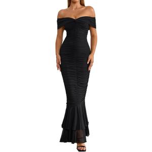 URYIAO Off Shoulder Maxi Dress for Women Ruched Bodycon Formal Wedding Guest Long Dresses (Black, L)