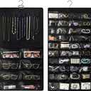 Double-Sided Hanging Jewelry Organizer with 48 Pockets and 8 Hooks  Versatile Accessories Holder for Earrings, Necklaces, Rings, Glasses  Wall, Door, or Closet Mounted Jewelry Hanger. (Black (without zipper))