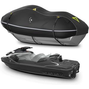 LIBZAKI Jet Ski Cover PWC Cover 2-3 Seats Heavy Duty Waterproof 600D UV Resistant Fits for Yamaha Sea-Doo Kawasaki up to 136~145" Black