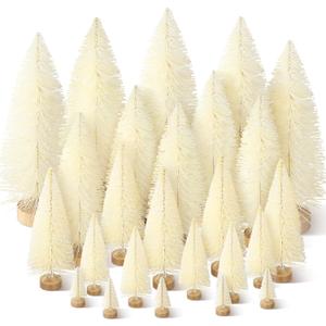Geetery 25 Pcs Mini Christmas Trees, Artificial Bottle Brush Trees with Wooden Base, Christmas Village Sisal Snow Tree for Xmas Tabletop Home Winter Decor, 5sizes (White)
