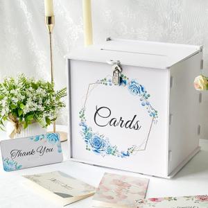 OurWarm White Wedding Card Box with Lock, PVC Gift Card Box with Blue Wreath, Wedding Decorations for Reception Envelop Money Gift Boxes for Graduation Birthday Bridal Baby Shower Decor