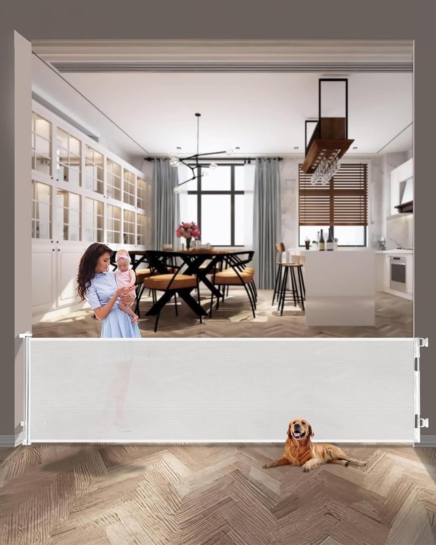AOURMKOOP 118 Inch Extra Wide Retractable Baby Gate,Mesh Large Baby Gate or Mesh Pet Dog Gate, Opening Wide Extra Long Child Safety Gate for Indoor Baby Fence, Outdoor, Stairs, Deck (White)