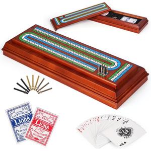 Wooden Cribbage Board Game Set with Cards and Metal Pegs, 3 Track Cribbage Board with Storage Drawer, Portable Travel Cribbage Set for Adults, Families, Seniors, Camping & Game Night