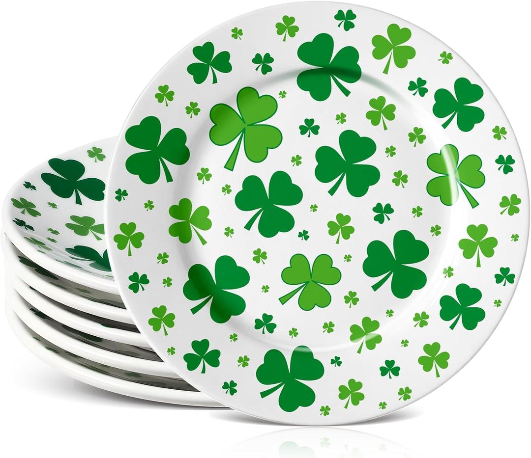 Hushee 6 Pcs St. Patrick's Day Ceramic Shamrock Plates 6 Inch Irish Dessert Platter Serving Plate Clover Leaf Salad Dishes Tableware for St. Patrick's Celebration, Dinner Party, Gift(Cute) (green, white)