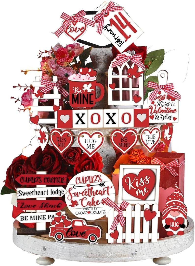 Ferraycle 24 Pcs Valentine's Day Tiered Tray Decorations Farmhouse Gnome Heart Wooden Valentines Day Table Sign with String Rustic Tiered Tray Decorations for Home Decor
