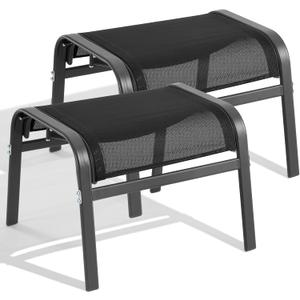 ONBRILL Outdoor Ottoman Foot Rest Set of 2, Textilene Fabric Outdoor Footstool with Tight Surface and Stable Metal Frame, Wide Use Outdoor Ottomans for Patio, Balcony, Poolside and Indoors, Black, Medium