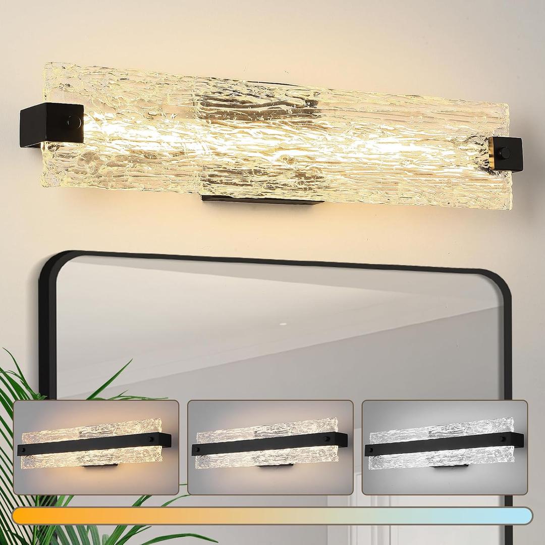 Black LED Bathroom Vanity Light, 24.4 Inch 15W Modern Dimmable Bathroom Light Fixture Over Mirror, Crystal Bar Wall Sconce Lighting for Bath, 3CCT, OS-MM5001-3BK, 24.4" L, 15 Watts