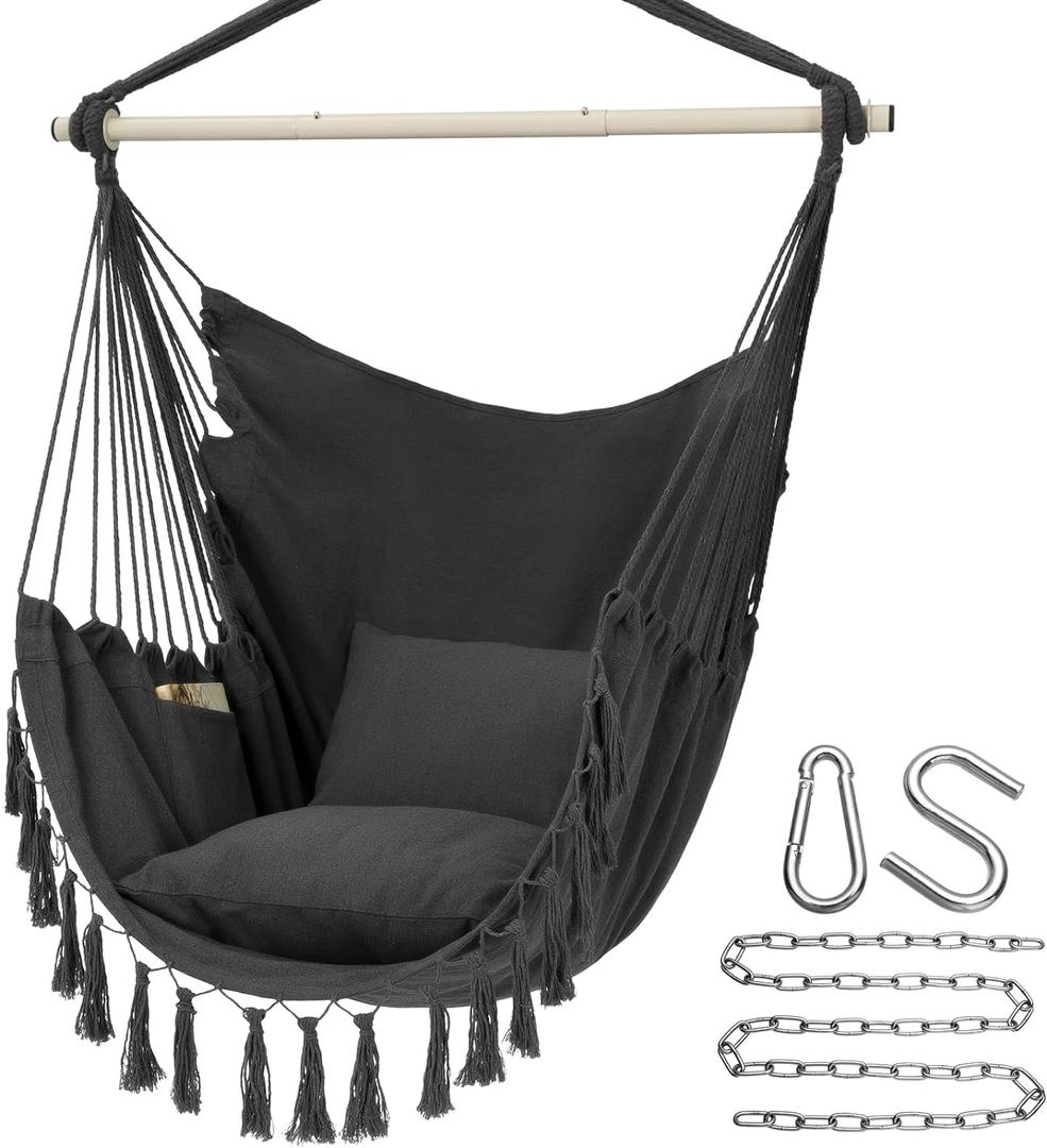 Y- STOP Hammock Chair Hanging Rope Swing, Max 500 Lbs, 2 Cushions Included, Large Macrame Hanging Chair with Pocket, Cotton Weave for Superior Comfort, Durability (Dark Grey)