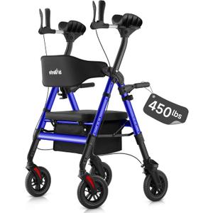 Upright Walkers for Seniors, 450 lb Heavy Duty Stand Up Rollator Walker with Adjustable Soft Sponge Armsupport & Seat, Tall Standing Folding Rolling Walker with 8'' Wheel, Blue