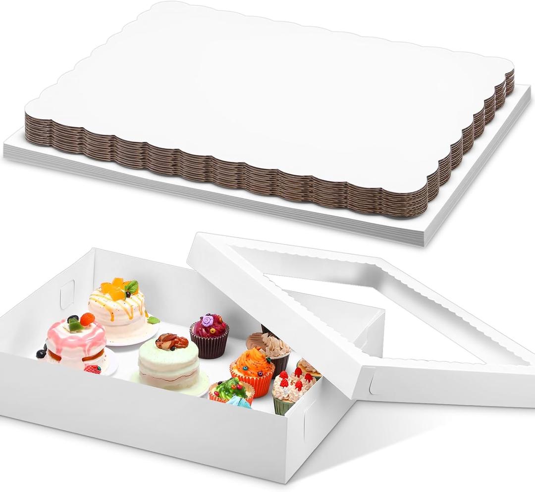 20 Pcs 19x14x4 Inch Half Sheet Cake Boxes 10pcs Large Rectangle Bakery Boxes with Window and 10pcs Cake Boards for Pastry Baking Cupcakes Pie Cookies Birthday Party(White)