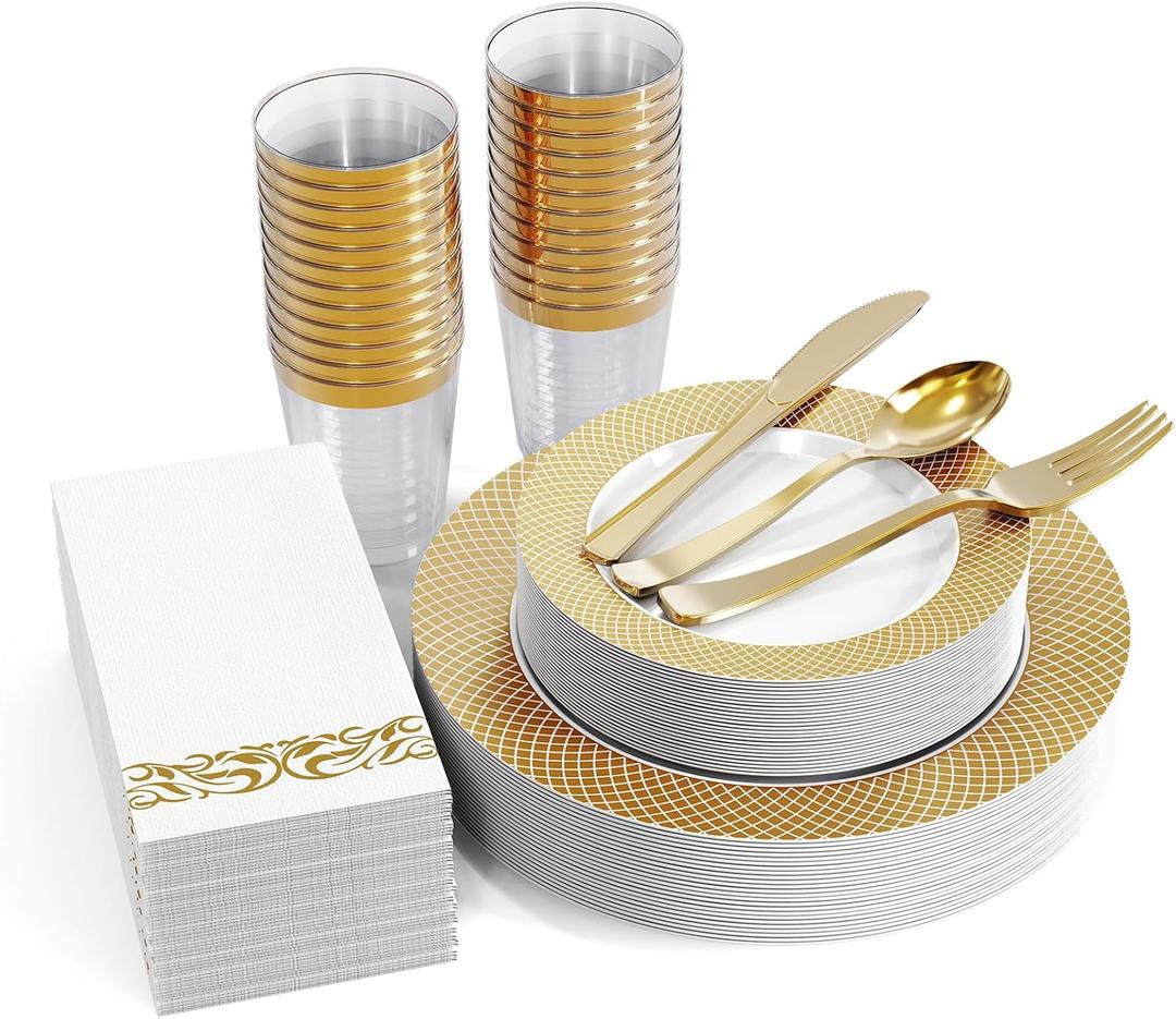 FOCUSLINE 175 Count Gold Dinnerware Set for 25 Guests - Disposable Plastic Plates with Gold Grid, Includes 25 Dinner & Salad Plates, Cups, Napkins, Cutlery Set for Wedding Parties
