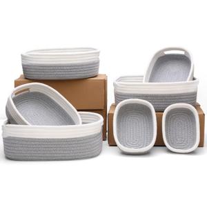 7 Piece Cotton Rope Woven Basket Set - Small Basket for Baby Nursery, Pets, Montessori, Dog & Cat Toy Boxes, Bathroom Organization Bins (White/Gray)