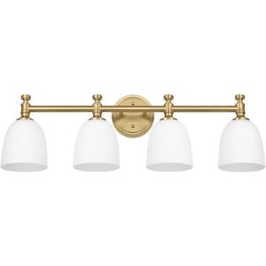 Gold Bathroom Vanity Light, 4-Light Bathroom Light Fixtures Over Mirror, Traditional Vanity Lights for Living Room, Milk White Bell Glass Shades, Standard E26 Base, Aged Brass
