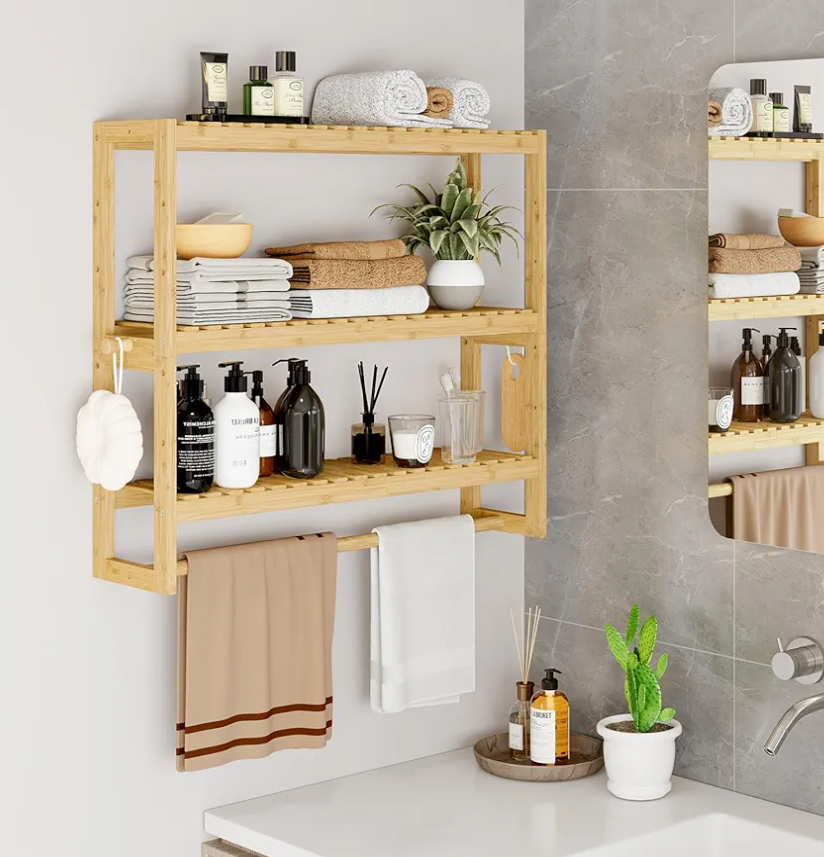 Bathroom Shelf Storage Organizer,Floating Wall Mount 3-Tier Adjustable Layer Bamboo Kitchen Organizer with Bar, Standing Shelf Units, Towel Rack