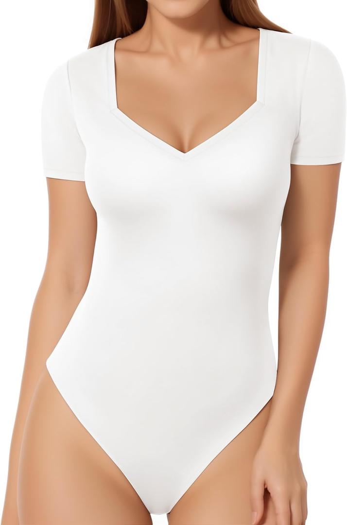 MANGOPOP Sweetheart V Neck Bodysuits for Women Long Short Sleeve Body Suits Tops Shirt (X-Large)