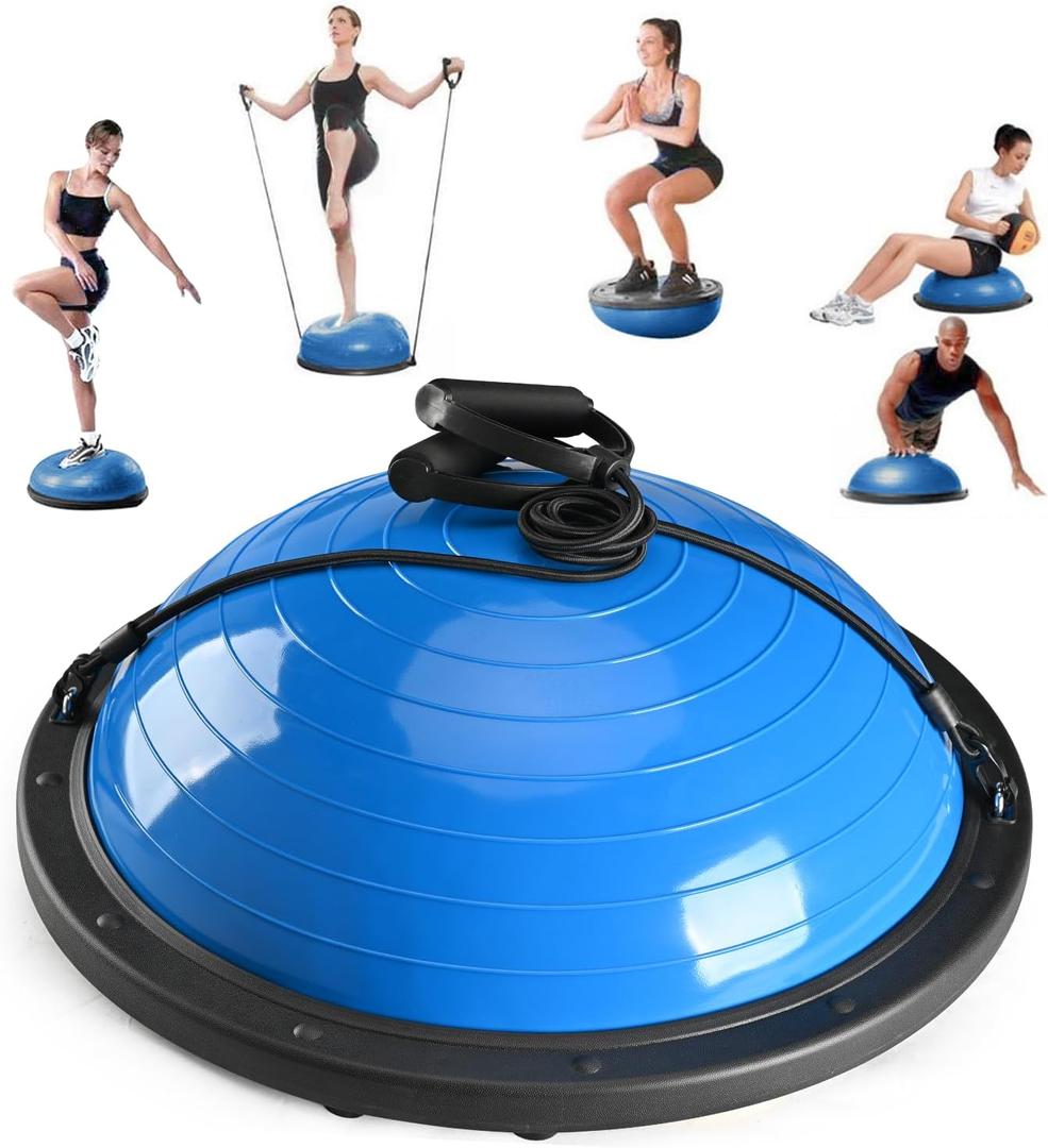 Half Balance Ball Trainer, Half Yoga Exercise Ball with Resistance Bands and Foot Pump, Balance Trainer for Stability Training, Strength Exercise Fitness, Home Gym Workout Equipment (Blue)
