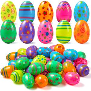 JOYIN 72PCS 2.3" Printed Empty Plastic Eggs Fillable, Bright Colorful Plastic Eggs Bulks for Festival Hunt, Filling Treats, Party Favor, Basket Stuffers, Classroom Prize Supplies