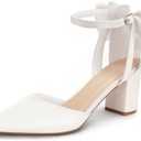 LOOPCHARM Womens Closed Pointed Toe Heels with Bow Low Chunky Block Heel Ankle Strap D'Orsay Pumps Bridal Wedding Dress Shoes, Size 9
