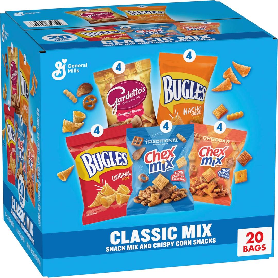 Classic Mix Snack Variety Pack, Bugles Original and Nacho Cheese, Gardetto's Original Recipe, Chex Mix Traditional and Cheddar, 20 Ct, 28 oz, Best By July 17, 2026