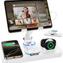 30W Charging Station for Apple Products, Foldable Wireless Charger with Clock Display&7 Color Light, Wired Charging for iPad/Tablet Charging Station for iPhone17, for Apple Watch11 for AirPods4(White