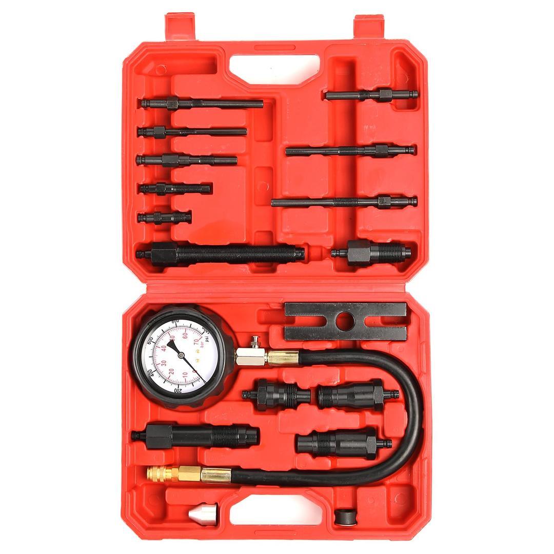 17pc Diesel Engine Compression Tester Kit, Diesel Compression Tester Cylinder Pressure Gauge for Diesel Cars and Trucks(red)
