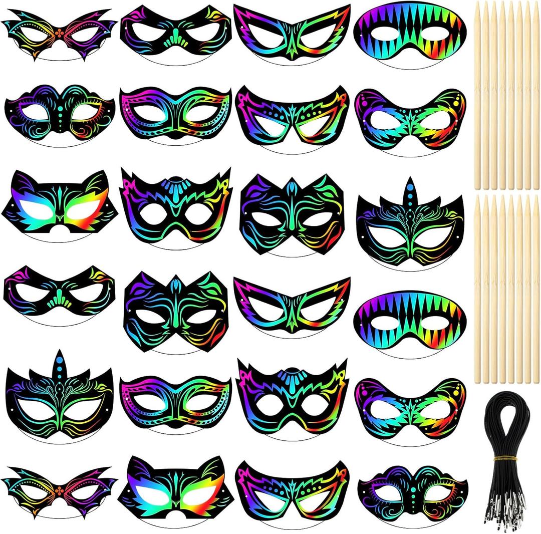 Realspring 120 Pcs Hero Scratch Paper Mask DIY Kids Masks Making Craft Kit for Masquerade Dress up Birthday Party Favor