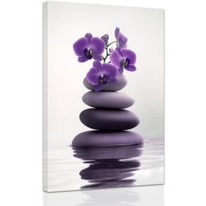 ZXHYWYM Zen Wall Art Stones Picture Orchid Canvas Painting Purple Zen Water Prints Spa Bathroom Decor Meditation Yoga Room Office Home Framed (24" x 36")