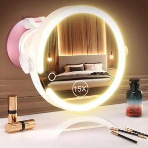 15X/1X Wall Mounted Magnifying Makeup Mirror with Power Suction Cup, Rechargeable Double Sided Regular HD/Magnification 3 Color Modes Adjustable Brightness Mirror with Lights for Bathroom, Travel