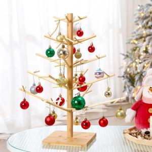 Roowest 17.72 Inch Christmas Tree Ornament Stand Holder with Arms Wooden Christmas Crafts Tree Shaped Ornament Display Stand for Counter Desktop Xmas Holiday Party(Fixed Style)