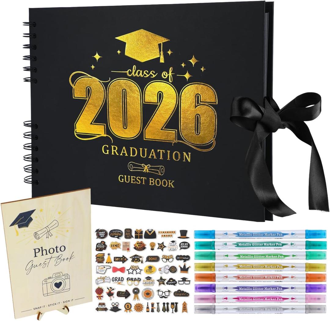 Graduation Guest Book Scrapbook Set 2026 - Black Gold 80 Pages Signature Photo Album with 8 Dual-Tip Markers, Stickers, Memory Book Sign for Class of 2026 High School College Grad Party Favors Gifts