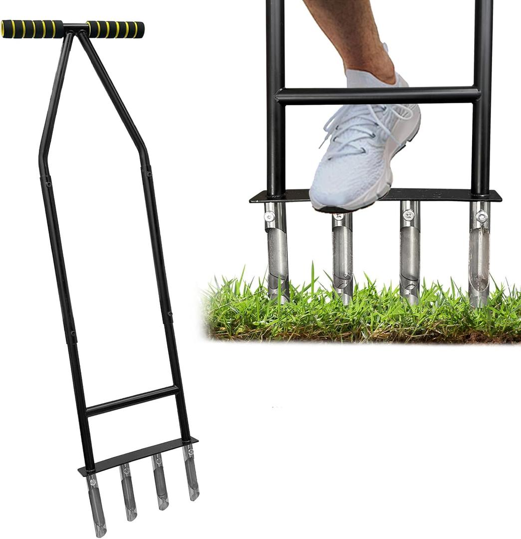 Aerator Lawn Tool,Core Aerator Lawn Tool with 4 Tines for Gardening,Easy Assembled Manual Grass Aerator with Steel Material for Yard Care Health Soil,Suitable for Soft Soil- Black