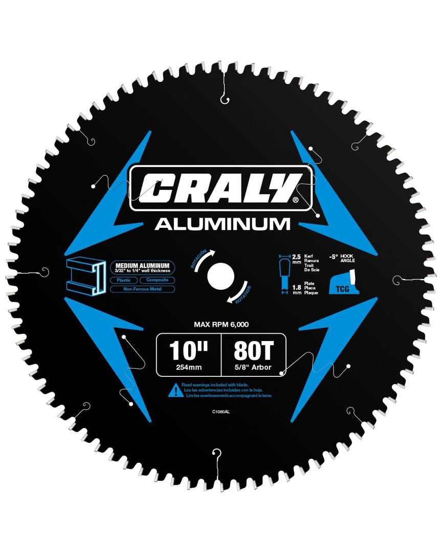 CRALY 10 Inch 80 Teeth Aluminum and Non-Ferrous Metal Cutting Circular Saw Blade, 5/8 Inch Arbor, Carbide Tipped, Thin Kerf, Black Ice Coating, for Medium Aluminum, Plastic, Composite(C1080AL)
