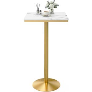 Modern Square Marble Bar Table, 22" White Marble Top Bistro Pub Table with Gold Metal Base, Tall Bar Table for Kitchen, Home Bar, Small Spaces, 41" Bar Height