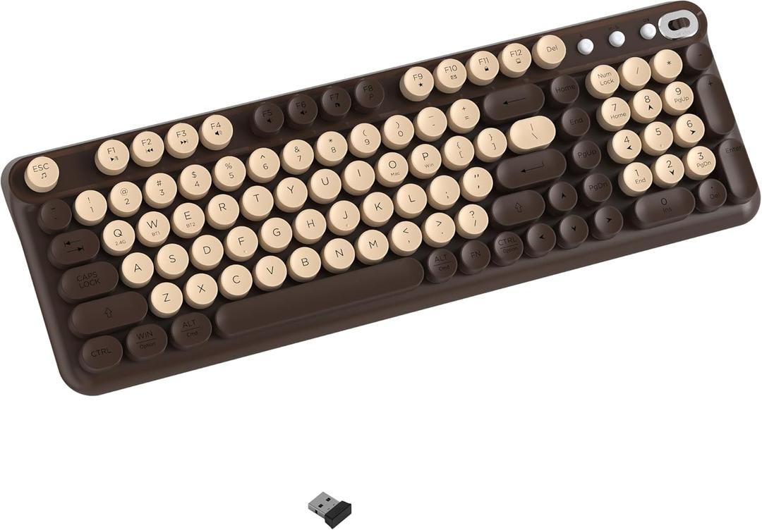 Wireless Bluetooth Keyboard - Full Size Retro Round Typewriter Style Wireless Keyboard with 2.4GHz & Bluetooth Dual-Mode Compatibility for PC, Laptop, Windows, Mac, and More (Coffee)