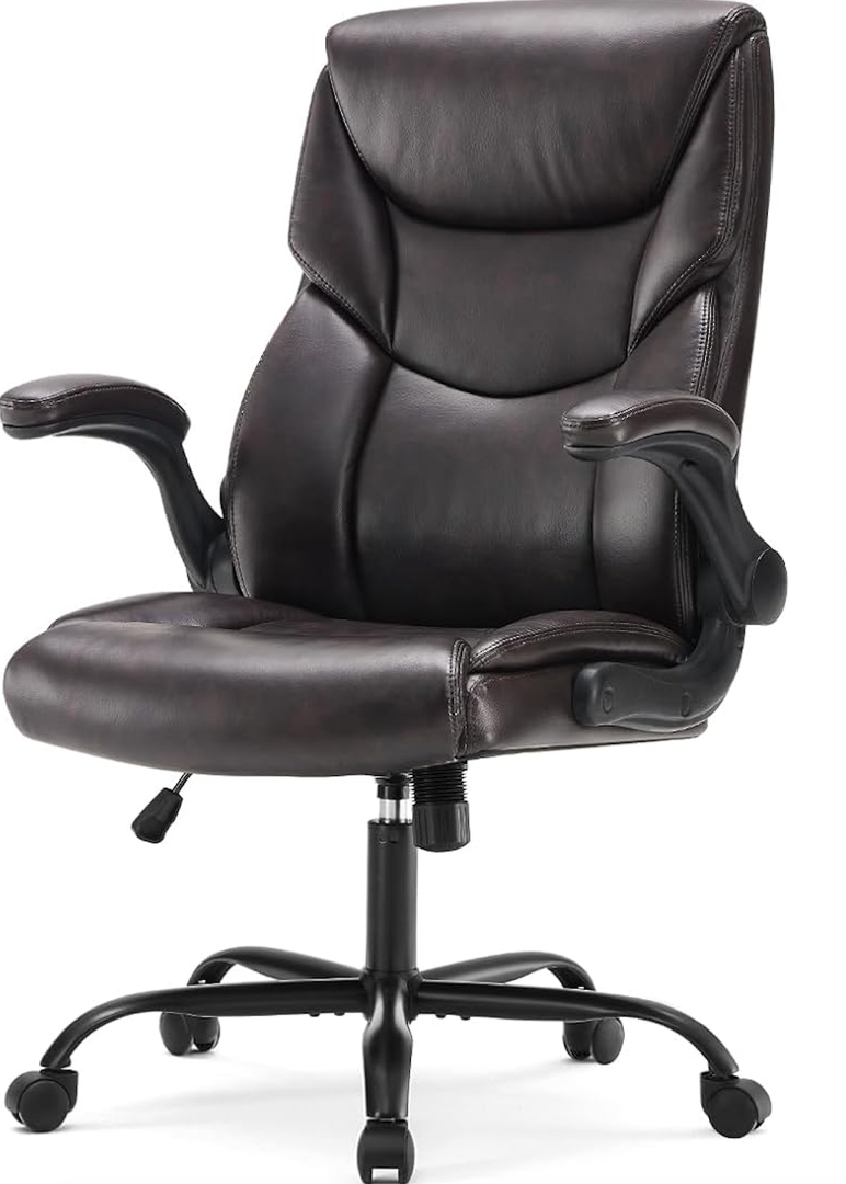 Sweetcrispy Ergonomic Computer Gaming Office Chair Set of 1, Heavy Duty Task Desk Swivel Rolling Chairs with Wheels, Flip-up Arms, Adjustable Height, PU Leather, Dark Brown