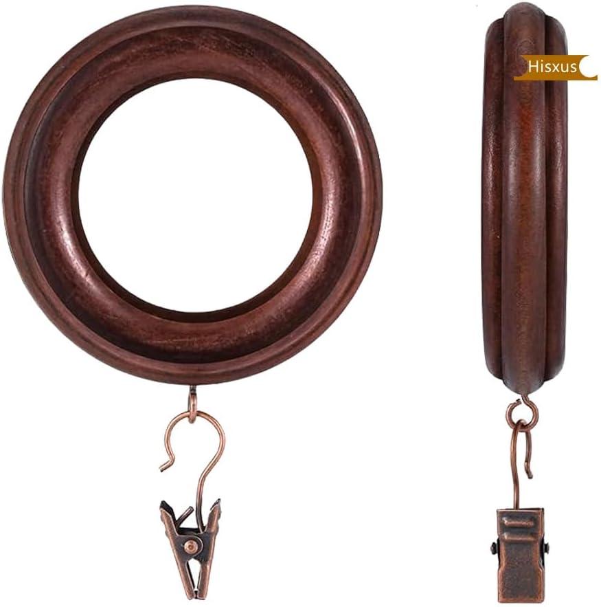 20 Pack Wooden Drapery Curtain Rod Rings with Clips 3 Inch Outer Diameter Natural Farmhouse Beech Wood Carved Drapes Rings 1.8 Inch Interior Diameter for 1-1.5 Inch Curtain Rod Pole (Retro Brown)