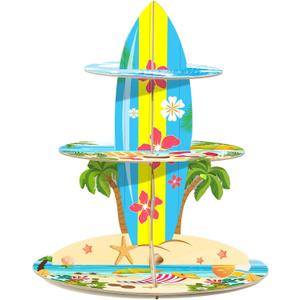 3-Tier Cupcake Stand for Beach Party Decorations - Multi-Colored Tropical Luau Pool Party Supplies, Hawaiian Themed Birthday Cake Stand for Baby Shower Wedding Decorations (Yellow)