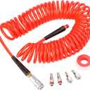 Hromee 1/4 in x 30 ft Polyurethane Recoil Air Compressor Hose with Bend Restrictors Compressor Hose with 1/4" Industrial Universal Quick Coupler and 4PCS I/M Plug Kit, Red