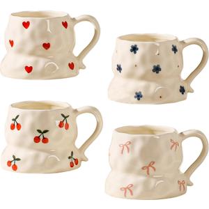 Cute Floral Coffee Mug Set of 4-12oz Ceramic Flower Embossed Cups with Petal Handles, Dishwasher and Microwave Safe
