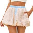 Wenrine Womens Gingham Bubble Mini Skirts Striped Elastic Waist Cute Y2K Skorts Plaid Summer Beach Skirt (Small, Khaki)